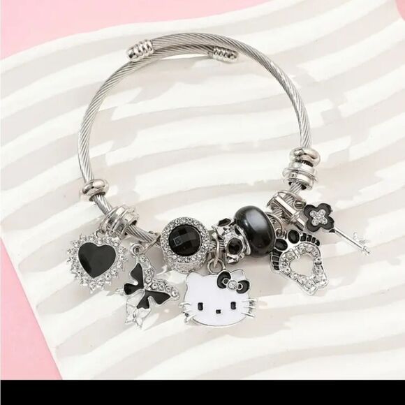 Hello Kitty Charm Pendant Silver & Black Tone Bangle Bracelet - Picture 5 of 6